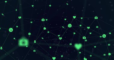 Siyah arkaplandaki yeşil simgelerle dijital arayüz ve bağlantı ağının resmi. Genel bilgisayar ağı konsepti dijital olarak oluşturulmuş resim.