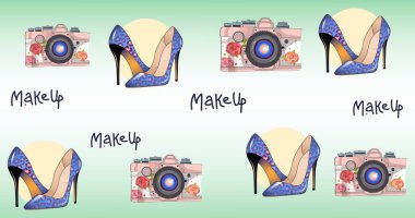 Beyaz arka planda tekrarlanan kamera ve ayakkabı kompozisyonu. moda ve güzellik aksesuarları arka plan desen konsepti dijital görüntü.