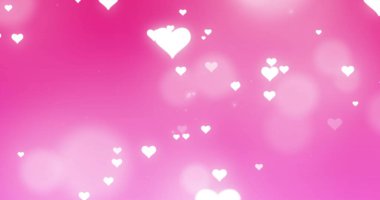 Pembe arka planda parlayan kalplerin ve hareket eden ve düşen ışık noktalarının görüntüsü. Işık ve hareket kavramı dijital olarak oluşturuldu.
