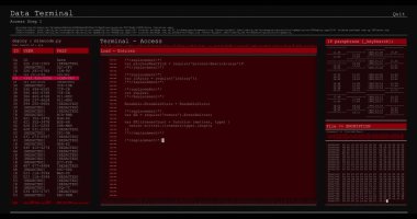 Kırmızı bilgisayar ekranlarında veri işleme resmi. küresel teknoloji veri işleme ve hesaplama kavramı dijital olarak oluşturuldu.