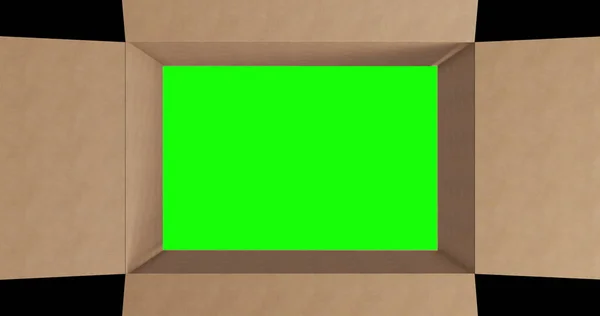 在褐色纸板箱中的绿色屏幕的头顶 黑色背景上有盖开口 准备装运或运输的包装箱 — 图库照片