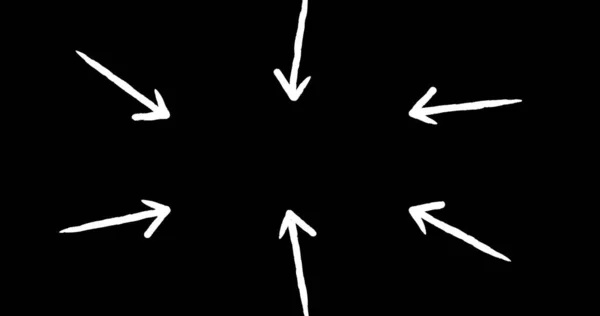 黒い背景に6本の白い矢印のイメージ 動きと方向の概念をデジタルで生成し — ストック写真