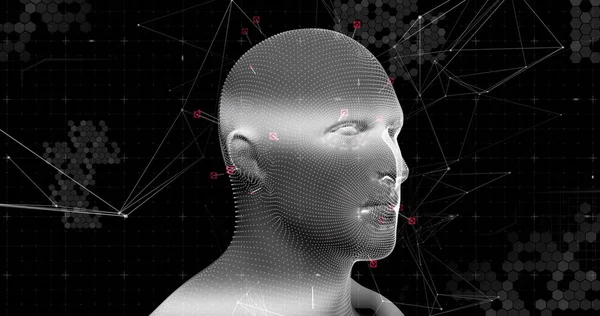 Obraz Szarego Świecącego Ludzkiego Modelu Głowy Siecią Połączeń Przetwarzania Danych — Zdjęcie stockowe