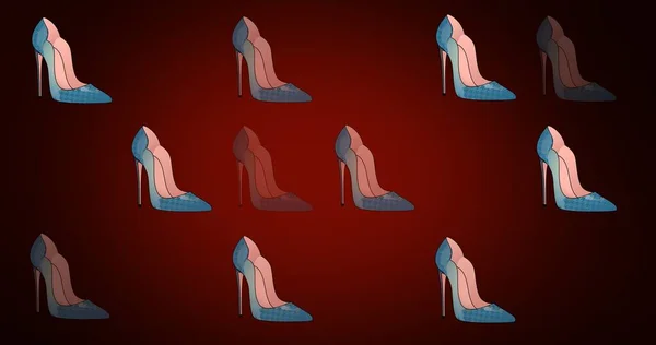 赤い背景で繰り返される靴の組成 ファッションと美容のアクセサリー背景パターンコンセプトデジタル画像 — ストック写真