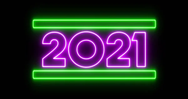 Afbeelding Van Flikkerende Paarse Neon 2021 Nummer Groene Balken Zwarte — Stockfoto