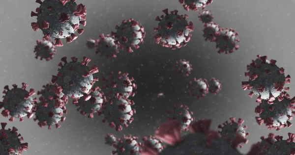 Wizerunek Makrowirusa Coronavirus Komórki Covid Pływające Płynie Szarym Tle Medycyna — Zdjęcie stockowe