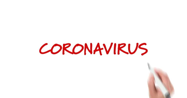 Imagem Uma Pessoa Escrevendo Palavras Vermelhas Mensagem Coronavirus Fundo Branco — Fotografia de Stock