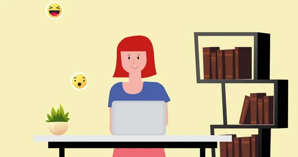 Εικόνα Γυναίκας Που Χρησιμοποιεί Laptop Εικονίδια Emoji Έννοια Κοινωνικής Δικτύωσης — Φωτογραφία Αρχείου