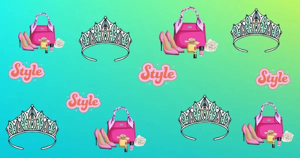 Composition Handbag Crowns Repeated Green Background Fashion Beauty Accessories Background — Stock Photo, Image