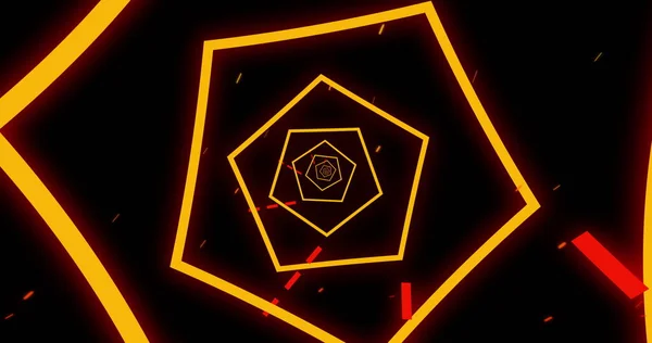Image of multiple orange neon pentagons spinning and moving with red light trails on black background. Colour light movement concept digitally generated image.