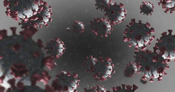 Imagem Macrovírus Coronavirus Células Covid Flutuando Líquido Sobre Fundo Cinza — Fotografia de Stock