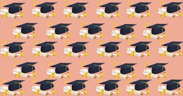 Composición Múltiples Sombreros Graduación Sobre Fondo Salmón Concepto Educación Escuela — Foto de Stock