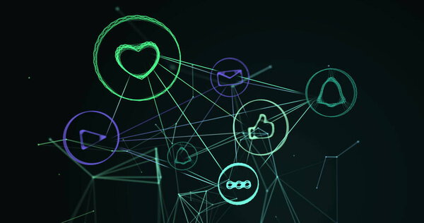 Image of interface network of light connections with digital icons moving on black background, Digital global networking concept digitally generated image.