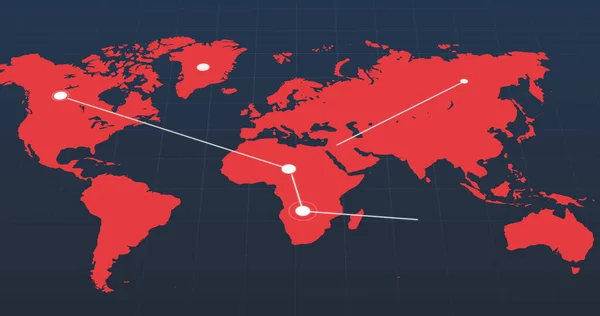 暗い灰色の背景に接続ポイントの白いネットワークを移動すると赤の世界地図 世界的な通信ネットワークの概念 — ストック写真