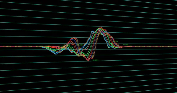 複数のカラフルな線で構成されたグラフのイメージが上下に移動し 線に数字が浮かんでいます 世界経済の株式市場の概念デジタル組成 — ストック写真