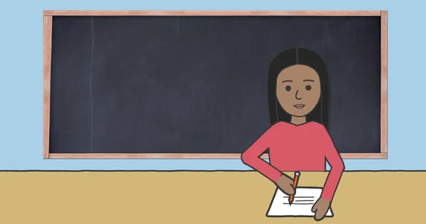 Image Illustration Schoolgirl Sitting Desk Writing Blackboard Background Education Learning — Stock Photo, Image
