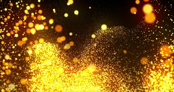 Mass Golden Glowing Particles Effervescing Black Background Energy Electricity Colour — Stock Photo, Image