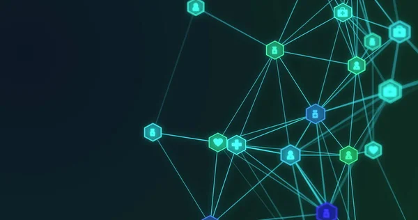 Zöld Hátterű Számítógépes Ikonokkal Való Kapcsolatok Hálózatának Digitális Interfésze Gömbje — Stock Fotó