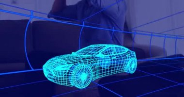 Evdeki VR kulaklık takan adamın üzerine üç boyutlu teknik bir araba çizimi. teknoloji, tasarım ve dijital arayüz kavramı dijital olarak oluşturulmuş video.
