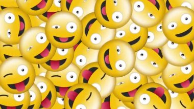 Şehir manzarası üzerinde çoklu gülümseme emojilerinin animasyonu. küresel bağlantılar, dijital arayüz ve teknoloji konsepti dijital olarak oluşturulmuş video.