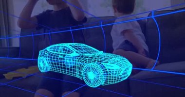 Üç boyutlu teknik araba animasyonu, evdeki VR kulaklık takan çocuğun üzerinde. teknoloji, tasarım ve dijital arayüz kavramı dijital olarak oluşturulmuş video.