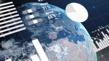 Veri işleme ve dünya üzerindeki istatistiklerin animasyonu. küresel bağlantılar, iş dünyası, dijital arayüz, teknoloji ve ağ konsepti dijital olarak oluşturulmuş video.