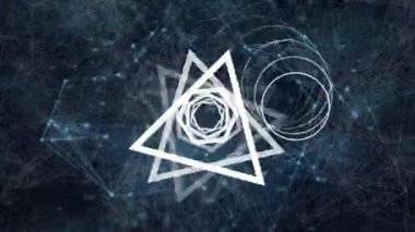 Siyah arkaplandaki bağlantı ağı üzerinden dönen beyaz şekillerin animasyonu. küresel iletişim ve veri ağı konsepti, dijital olarak oluşturulmuş video.