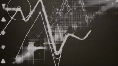 Siyah arkaplan üzerine istatistiklerin animasyonu. küresel bağlantılar, dijital arayüz, teknoloji ve ağ konsepti dijital olarak oluşturulmuş video.