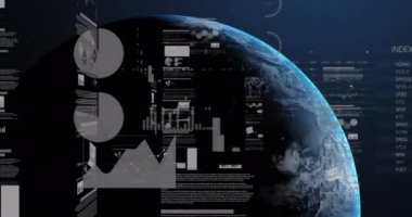 Tüm dünyada istatistik ve finansal veri işleme animasyonları. küresel iş, dijital arayüz, teknoloji ve ağ konsepti dijital olarak oluşturulmuş video.