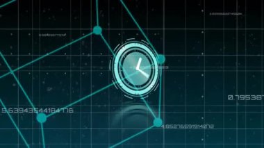 Şebeke arka planında saat ve veri işleme animasyonu. küresel iş, dijital arayüz, teknoloji ve ağ konsepti dijital olarak oluşturulmuş video.