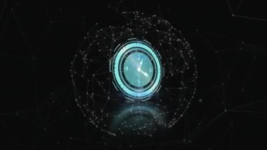 Karanlık arka plandaki bağlantı ağları üzerinden saatin animasyonu. küresel bağlantılar, dijital arayüz, teknoloji ve ağ konsepti dijital olarak oluşturulmuş video.