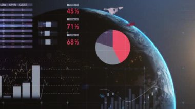 Veri işleme ve dünya üzerindeki istatistiklerin animasyonu. küresel bağlantılar, iş dünyası, dijital arayüz, teknoloji ve ağ konsepti dijital olarak oluşturulmuş video. Bu görüntünün elementleri NASA tarafından desteklenmektedir