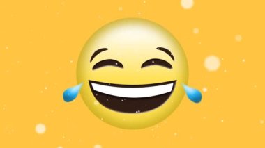 Sarı arka planda mutluluk emojisi ile ağlayan beyaz ışık lekelerinin canlandırması. Sosyal medya, kutlama, olay ve iletişim ağı konsepti dijital olarak oluşturulmuş video.