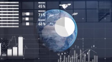 Dünya ve istatistik işleme ve depo animasyonları. küresel gönderim, iş, dijital arayüz, teknoloji ve ağ konsepti dijital olarak oluşturulmuş video.