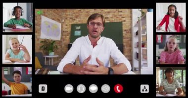 Çevrimiçi derste çeşitli erkek öğretmenler ve altı çocukla video arayüzü. küresel iletişim teknolojisi ve çevrimiçi eğitim konsepti, dijital olarak oluşturulmuş video.