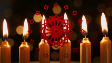 Doğum günü pastası mumları ve ışık saçan kırmızı şekillerin animasyonu. kutlama, doğum günü, parti, çocukluk ve olay konsepti dijital olarak oluşturulmuş video.