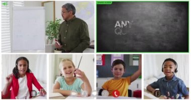 Animasyon video ekranları karatahta ekranları, çeşitli öğretmenler ve çocuklar çevrimiçi ders alıyorlar. küresel iletişim teknolojisi ve çevrimiçi eğitim konsepti, dijital olarak oluşturulmuş video.