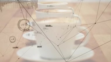 Kahve fincanlarının üzerindeki bağlantı ve istatistiklerin animasyonu. küresel bağlantılar, dijital arayüz, teknoloji ve ağ konsepti dijital olarak oluşturulmuş video.