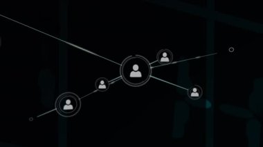 Karanlık arkaplandaki simgelerle bağlantı ağının animasyonu. küresel bağlantılar, iş dünyası, dijital arayüz, teknoloji ve ağ konsepti dijital olarak oluşturulmuş video.