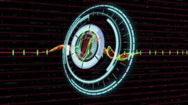 Renkli çizgi grafiği ve siyah arkaplan üzerinde veri işleme ile güvenli kilidin döndürülmesi animasyonu. küresel iletişim ve veri güvenliği kavramı, dijital olarak oluşturulan video.