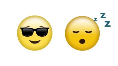 Uyku animasyonu ve beyaz arka planda havalı görünen emoji simgeleri. küresel sosyal medya, iletişim, dijital arayüz, teknoloji ve ağ konsepti dijital olarak oluşturulmuş video.