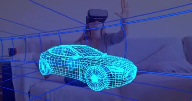 VR kulaklık takan bir kadının üzerine üç boyutlu teknik bir araba çizimi. teknoloji, tasarım ve dijital arayüz kavramı dijital olarak oluşturulmuş video.
