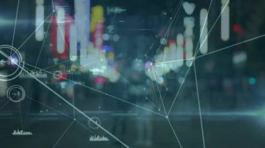 Şehir manzarası üzerindeki istatistiklerle bağlantı ağının animasyonu. küresel bağlantılar, dijital arayüz, teknoloji ve ağ konsepti dijital olarak oluşturulmuş video.