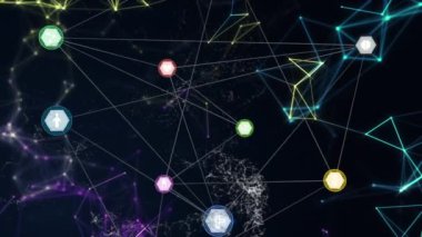 Siyah arkaplan üzerindeki simgelerle bağlantı ağlarının animasyonu. küresel eğitim, dijital arayüz, teknoloji ve ağ konsepti dijital olarak oluşturulmuş video.