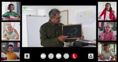 Çevrimiçi derste çeşitli erkek matematik öğretmenleri ve altı çocukla video arayüzü. küresel iletişim teknolojisi ve çevrimiçi eğitim kavramı, kazın