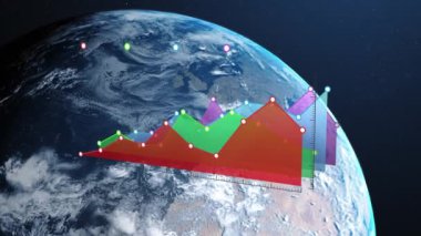 Veri işleme ve dünya üzerindeki istatistiklerin animasyonu. küresel bağlantılar, iş dünyası, dijital arayüz, teknoloji ve ağ konsepti dijital olarak oluşturulmuş video.