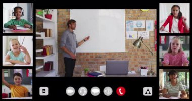 Çevrimiçi derste çeşitli erkek öğretmenler ve altı çocukla video arayüzü. küresel iletişim teknolojisi ve çevrimiçi eğitim konsepti, dijital olarak oluşturulmuş video.