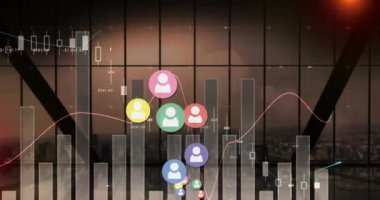 İstatistikler yerine simgelerin canlandırılması. küresel sosyal medya, bağlantılar, dijital arayüz, teknoloji ve ağ konsepti dijital olarak oluşturulmuş video.