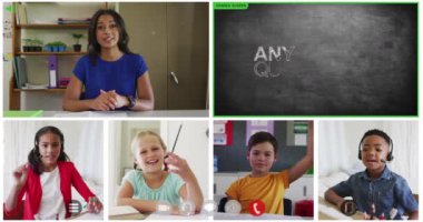 Animasyon video ekranları karatahta ekranları, çeşitli öğretmenler ve çocuklar çevrimiçi ders alıyorlar. küresel iletişim teknolojisi ve çevrimiçi eğitim konsepti, dijital olarak oluşturulmuş video.