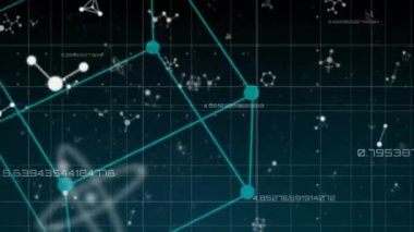 Ekranlarda molekül ve veri işleme animasyonu. küresel iş, dijital arayüz, teknoloji ve ağ konsepti dijital olarak oluşturulmuş video.